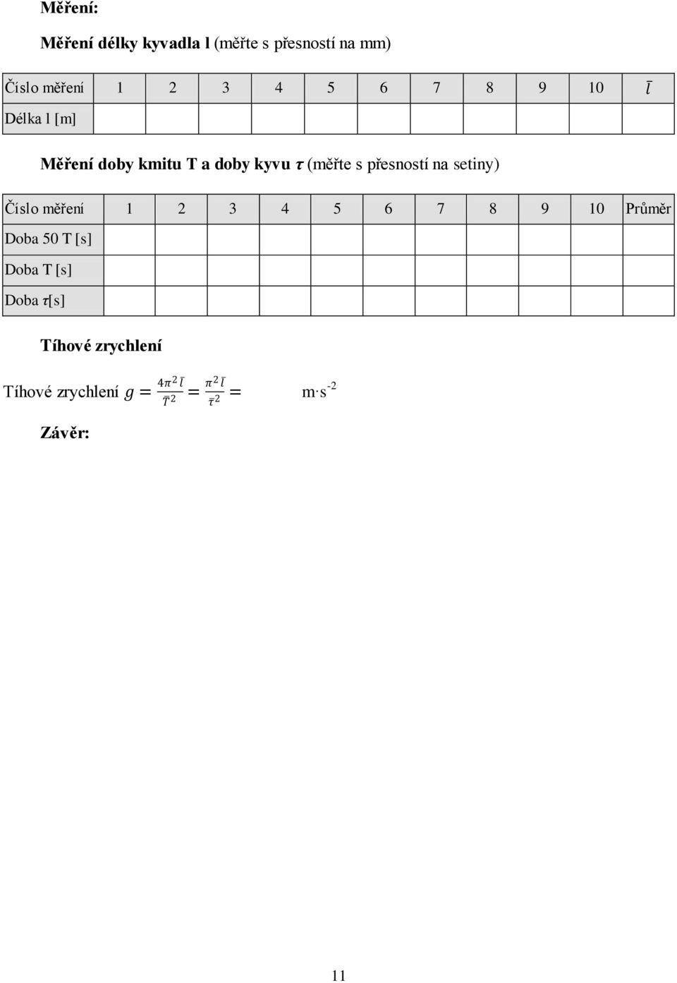 na setiny) Číslo měření 1 3 4 5 6 7 8 9 10 Průměr Doba 50 T [s] Doba T [s]