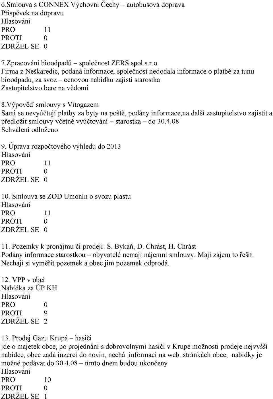 08 Schválení odloženo 9. Úprava rozpočtového výhledu do 2013 10. Smlouva se ZOD Umonín o svozu plastu 11. Pozemky k pronájmu či prodeji: S. Bykáň, D. Chrást, H.