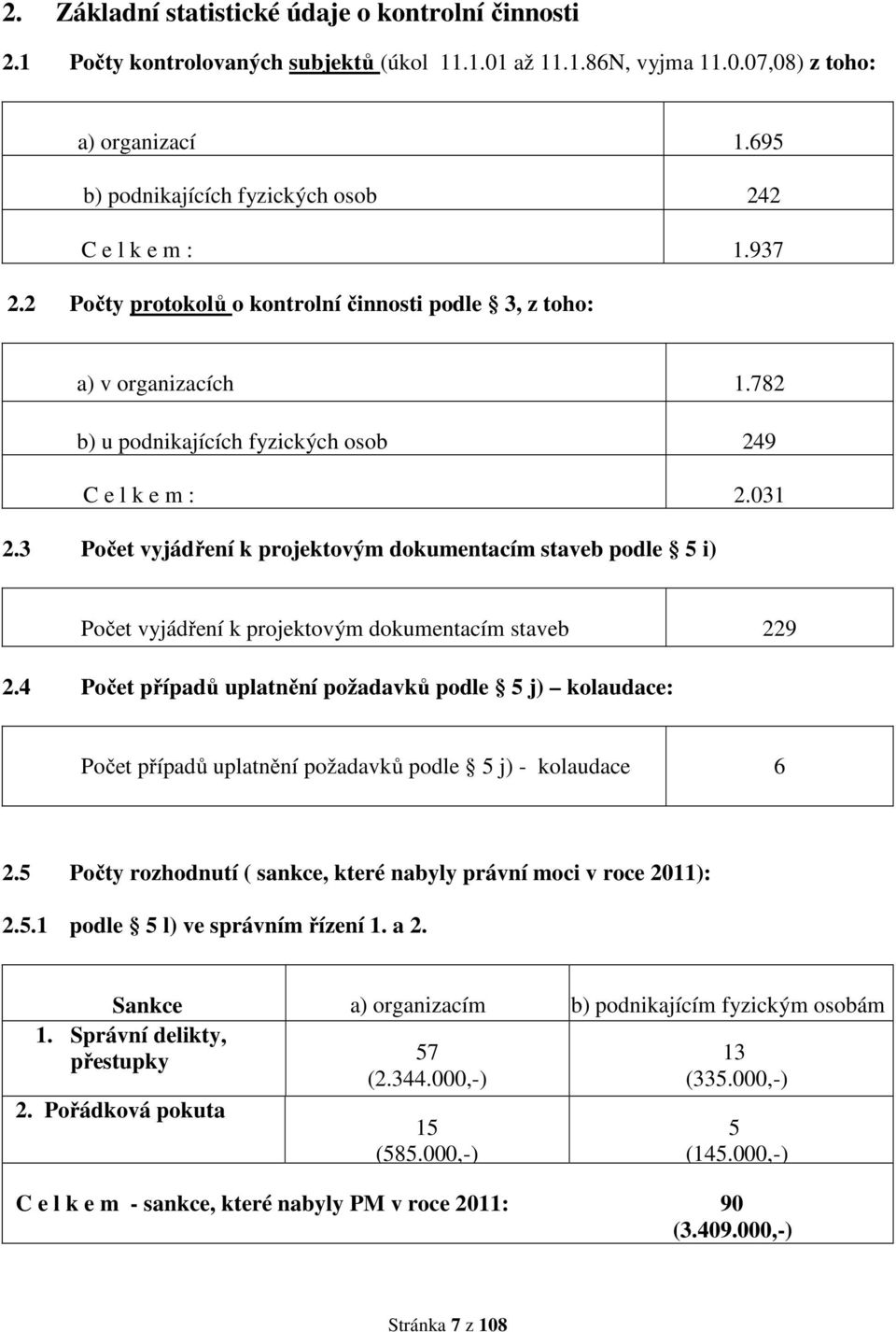 031 2.3 Počet vyjádření k projektovým dokumentacím staveb podle 5 i) Počet vyjádření k projektovým dokumentacím staveb 229 2.