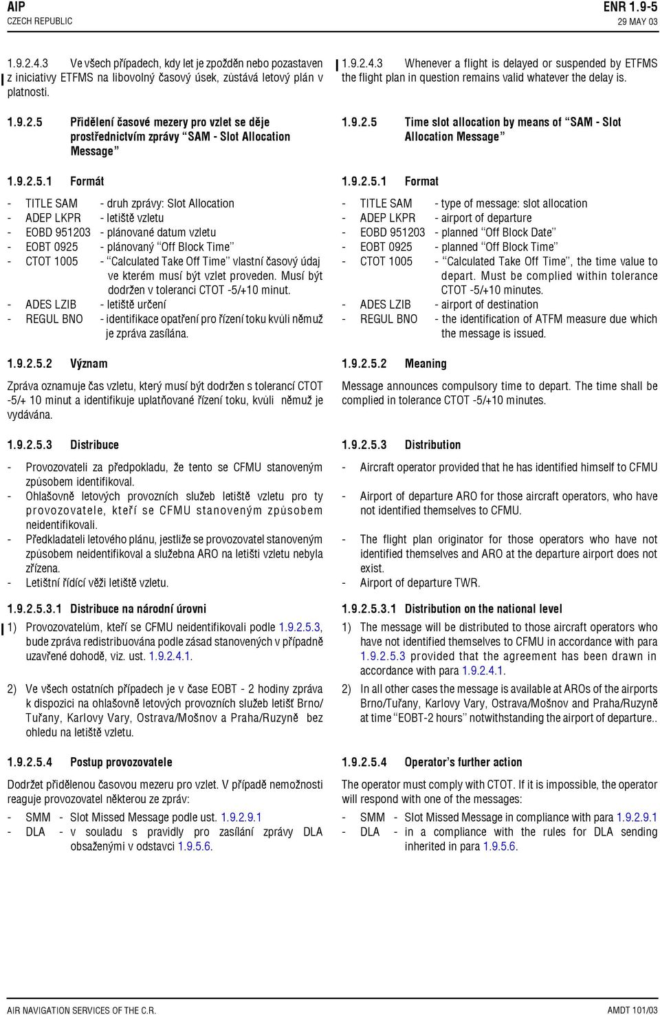 1 Formát TITLE SAM druh zprávy: Slot Allocation letiště vzletu EOBD 951203 plánované datum vzletu plánovaný Off Block Time CTOT 1005 Calculated Take Off Time vlastní časový údaj ve kterém musí být