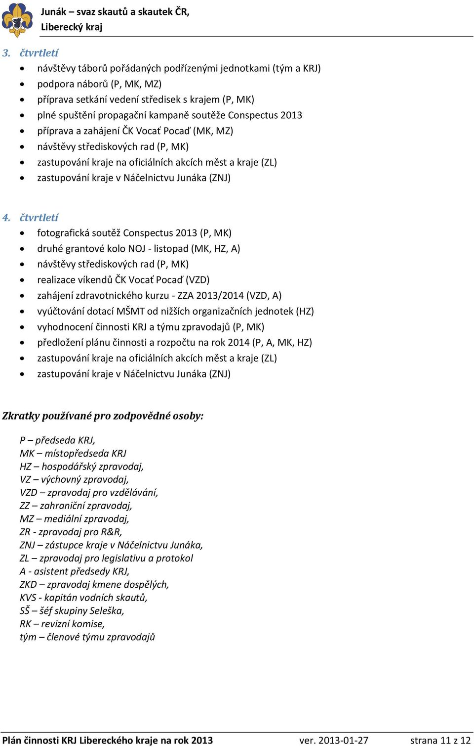 čtvrtletí fotografická soutěž Conspectus 2013 (P, MK) druhé grantové kolo NOJ - listopad (MK, HZ, A) návštěvy střediskových rad (P, MK) realizace víkendů ČK Vocať Pocaď (VZD) zahájení zdravotnického