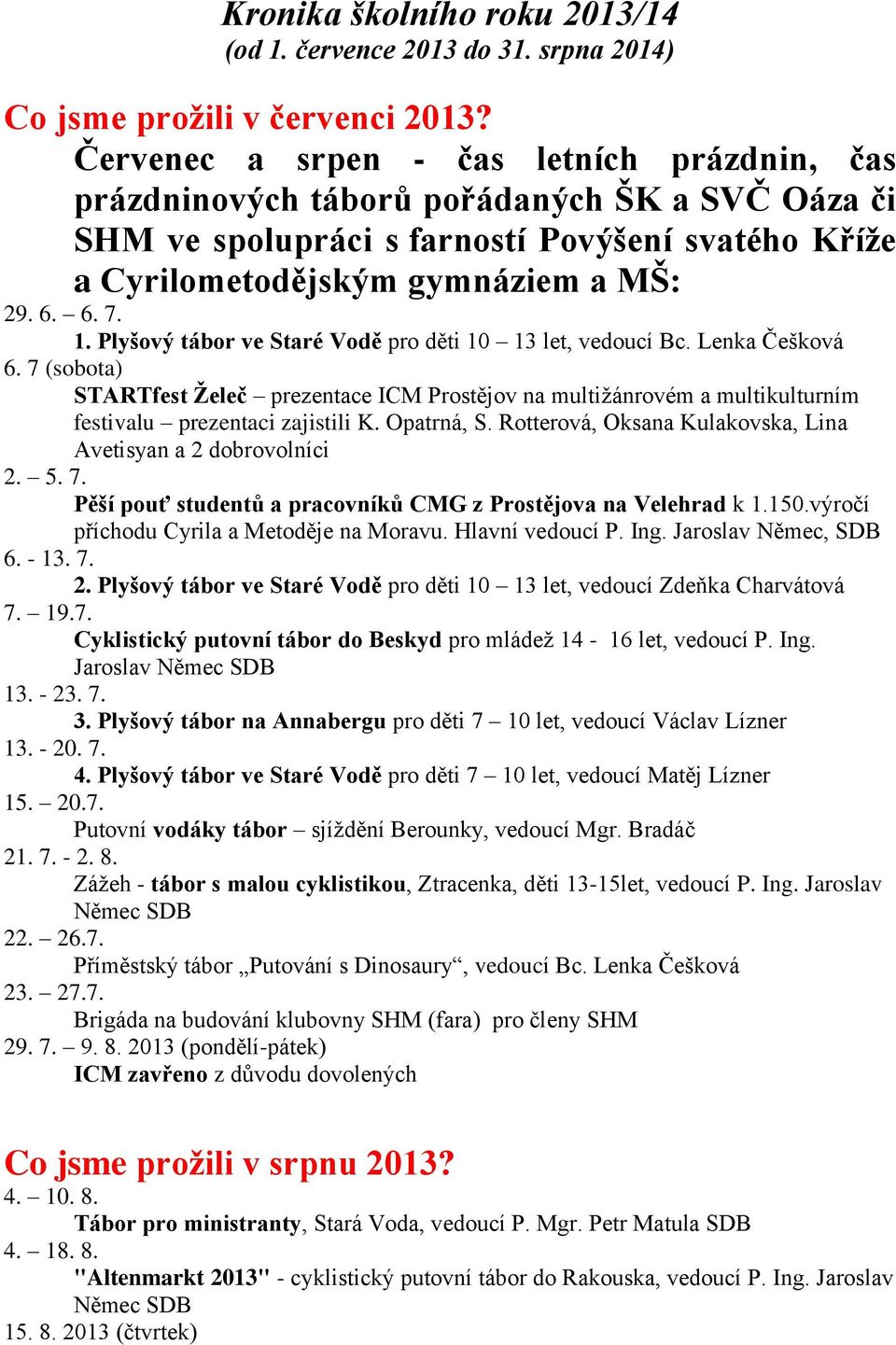 Plyšový tábor ve Staré Vodě pro děti 10 13 let, vedoucí Bc. Lenka Češková 6. 7 (sobota) STARTfest Želeč prezentace ICM Prostějov na multižánrovém a multikulturním festivalu prezentaci zajistili K.