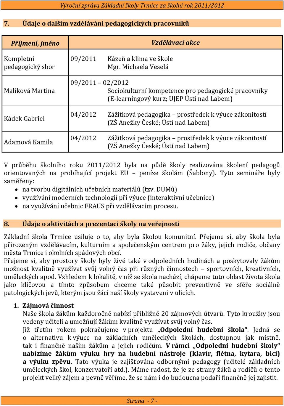 zákonitostí (ZŠ Anežky České; Ústí nad Labem) 04/2012 Zážitková pedagogika prostředek k výuce zákonitostí (ZŠ Anežky České; Ústí nad Labem) V průběhu školního roku 2011/2012 byla na půdě školy