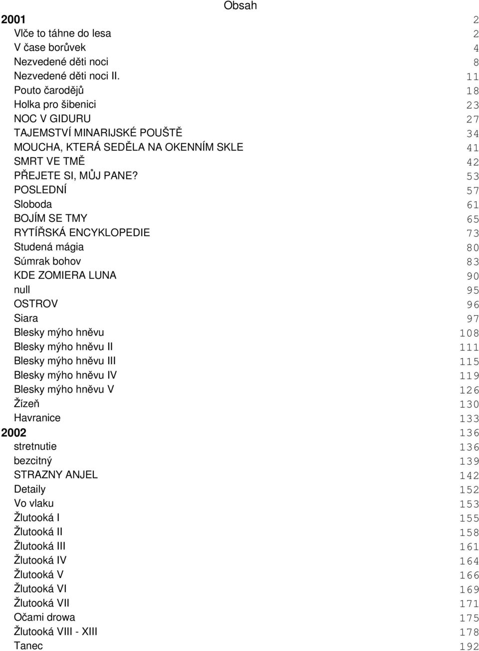 53 POSLEDNÍ 57 Sloboda 61 BOJÍM SE TMY 65 RYTÍŘSKÁ ENCYKLOPEDIE 73 Studená mágia 80 Súmrak bohov 83 KDE ZOMIERA LUNA 90 null 95 OSTROV 96 Siara 97 Blesky mýho hněvu 108 Blesky mýho hněvu II 111