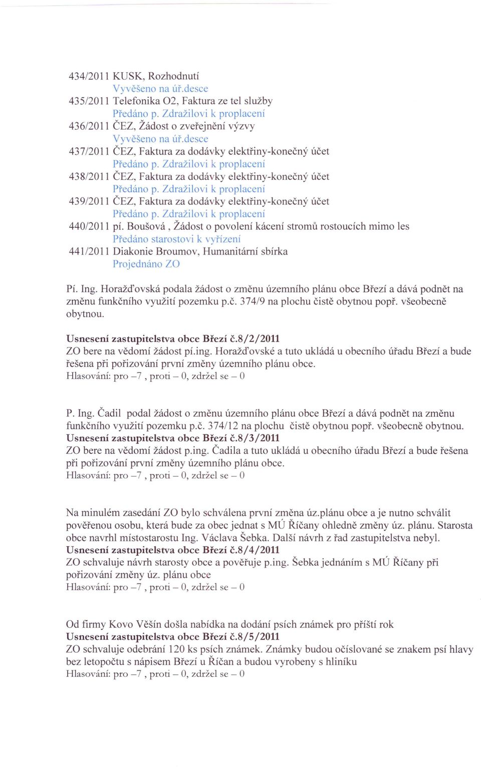 Boušová, Žádost o povolení kácení stromů rostoucích mimo les Předáno starostovi k vyřízení 441/2011 Diakonie Broumov, Humanitárni sbírka Pí. Ing.