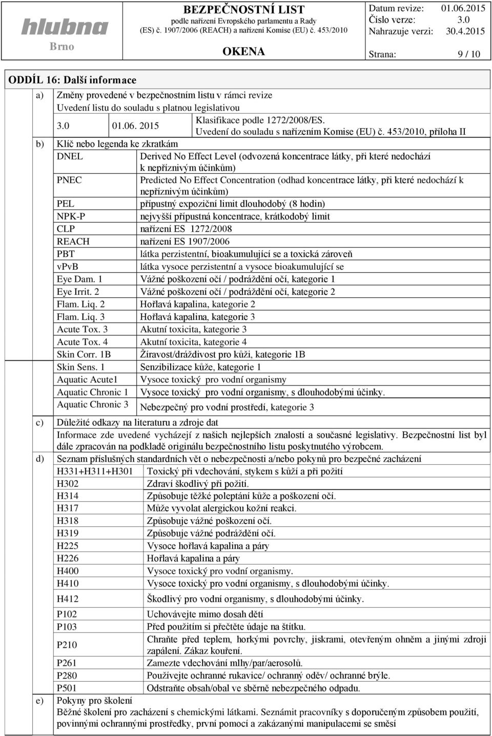 453/2010, příloha II b) Klíč nebo legenda ke zkratkám DNEL Derived No Effect Level (odvozená koncentrace látky, při které nedochází k nepříznivým účinkům) PNEC Predicted No Effect Concentration
