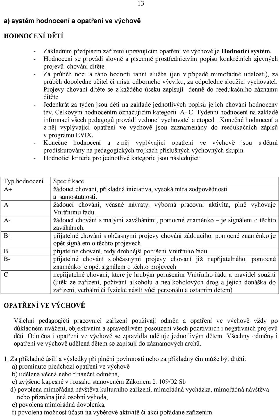 - Za průběh noci a ráno hodnotí ranní služba (jen v případě mimořádné události), za průběh dopoledne učitel či mistr odborného výcviku, za odpoledne sloužící vychovatel.