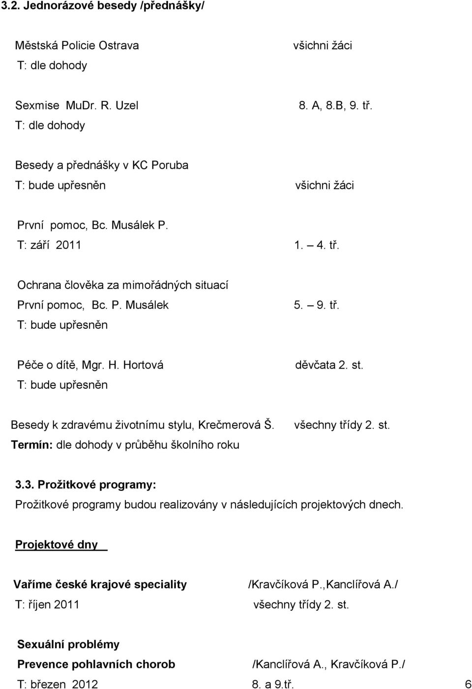 9. tř. Péče o dítě, Mgr. H. Hortová T: bude upřesněn děvčata 2. st. Besedy k zdravému životnímu stylu, Krečmerová Š. Termín: dle dohody v průběhu školního roku všechny třídy 2. st. 3.