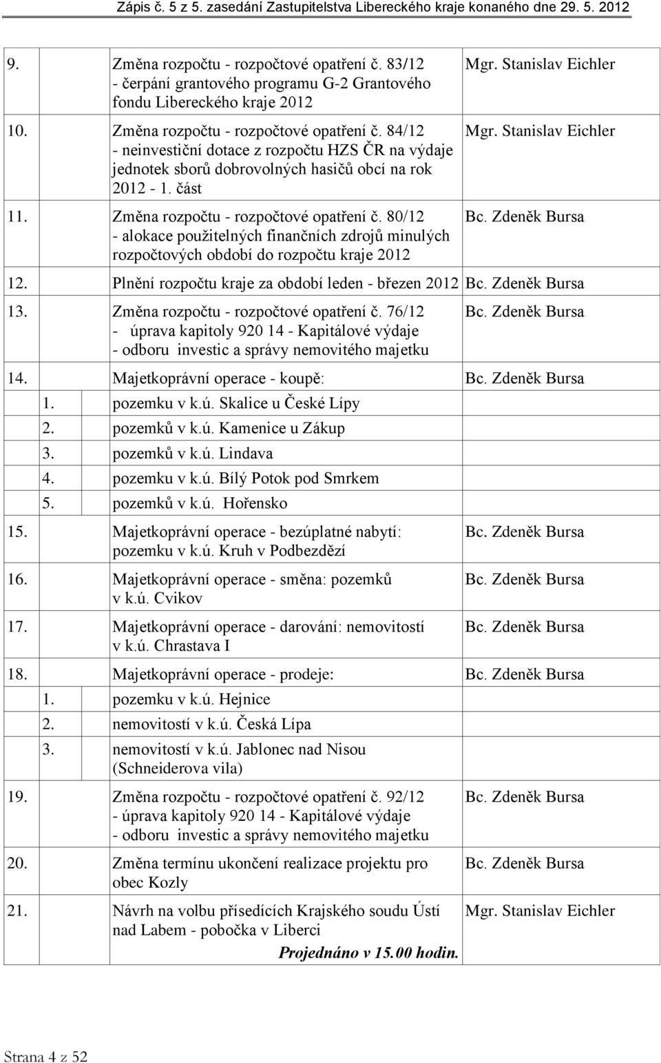 Zdeněk Bursa 12. Plnění rozpočtu kraje za období leden - březen 2012 Bc. Zdeněk Bursa 13. Změna rozpočtu - rozpočtové opatření č.