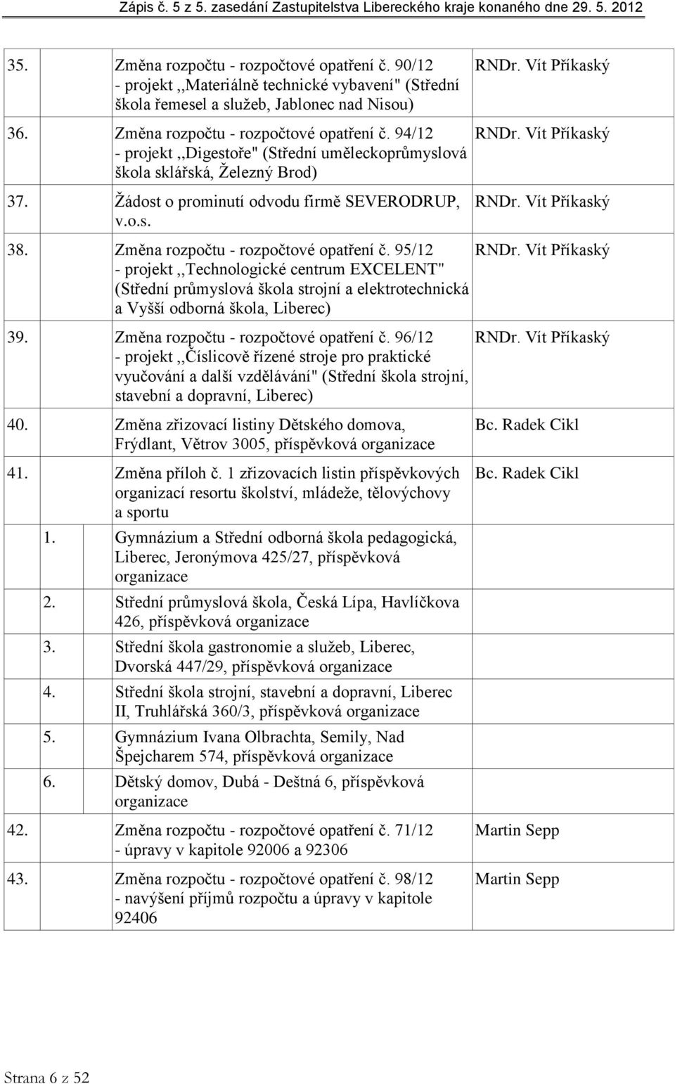 Změna rozpočtu - rozpočtové opatření č. 95/12 - projekt,,technologické centrum EXCELENT" (Střední průmyslová škola strojní a elektrotechnická a Vyšší odborná škola, Liberec) RNDr. Vít Příkaský 39.