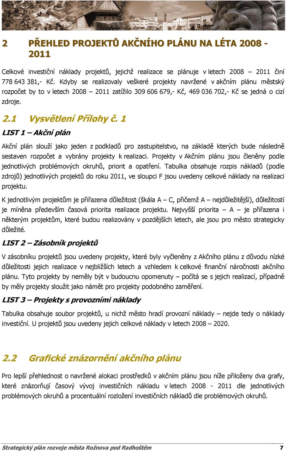 1 LIST 1 Akční plán Akční plán slouží jako jeden z podkladů pro zastupitelstvo, na základě kterých bude následně sestaven rozpočet a vybrány projekty k realizaci.