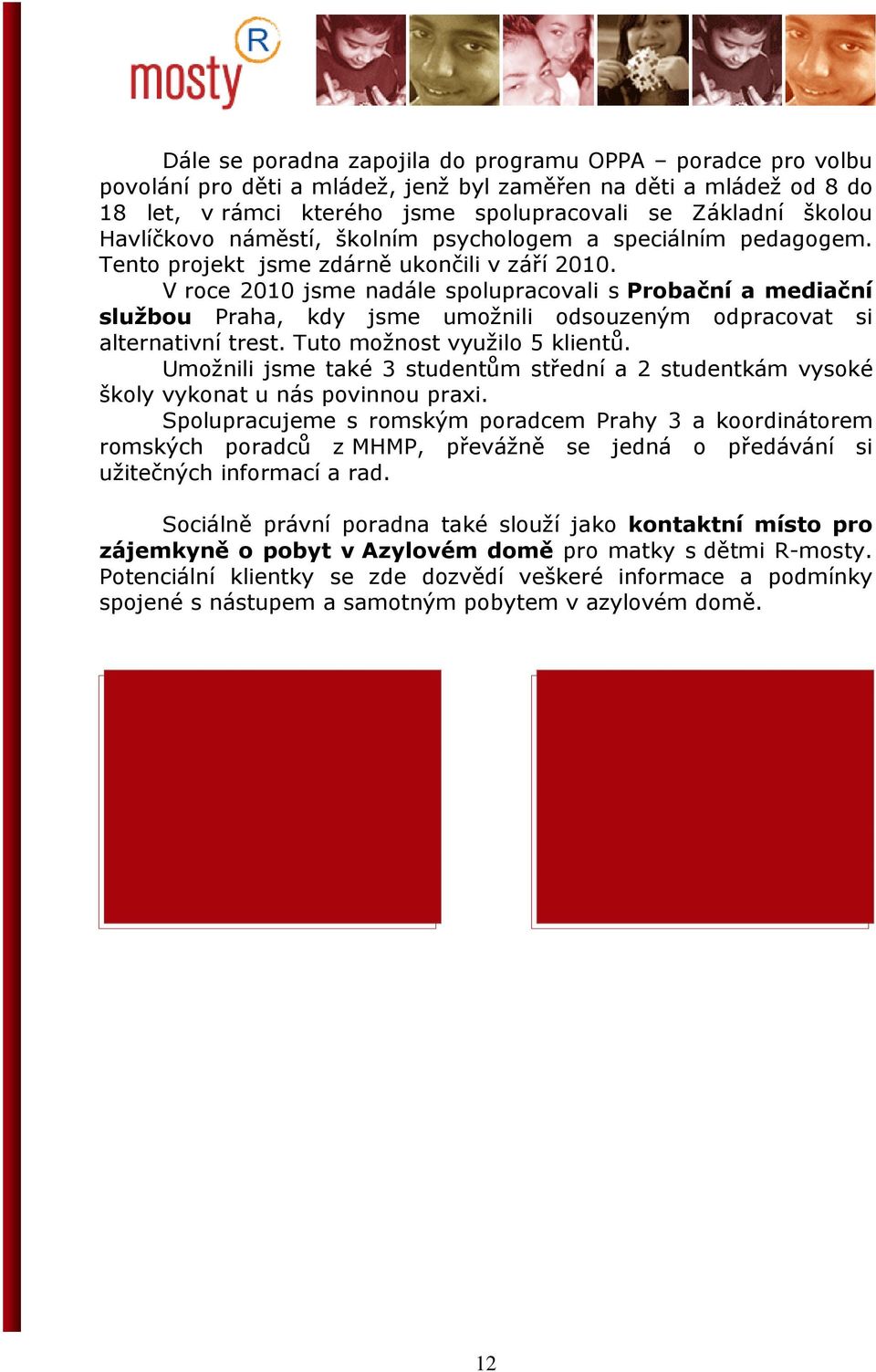 V roce 2010 jsme nadále spolupracovali s Probační a mediační službou Praha, kdy jsme umožnili odsouzeným odpracovat si alternativní trest. Tuto možnost využilo 5 klientů.