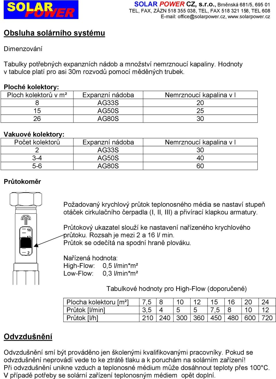 3-4 AG50S 40 5-6 AG80S 60 Průtokoměr Odvzdušnění Požadovaný krychlový průtok teplonosného média se nastaví stupeň otáček cirkulačního čerpadla (I, II, III) a přivírací klapkou armatury.