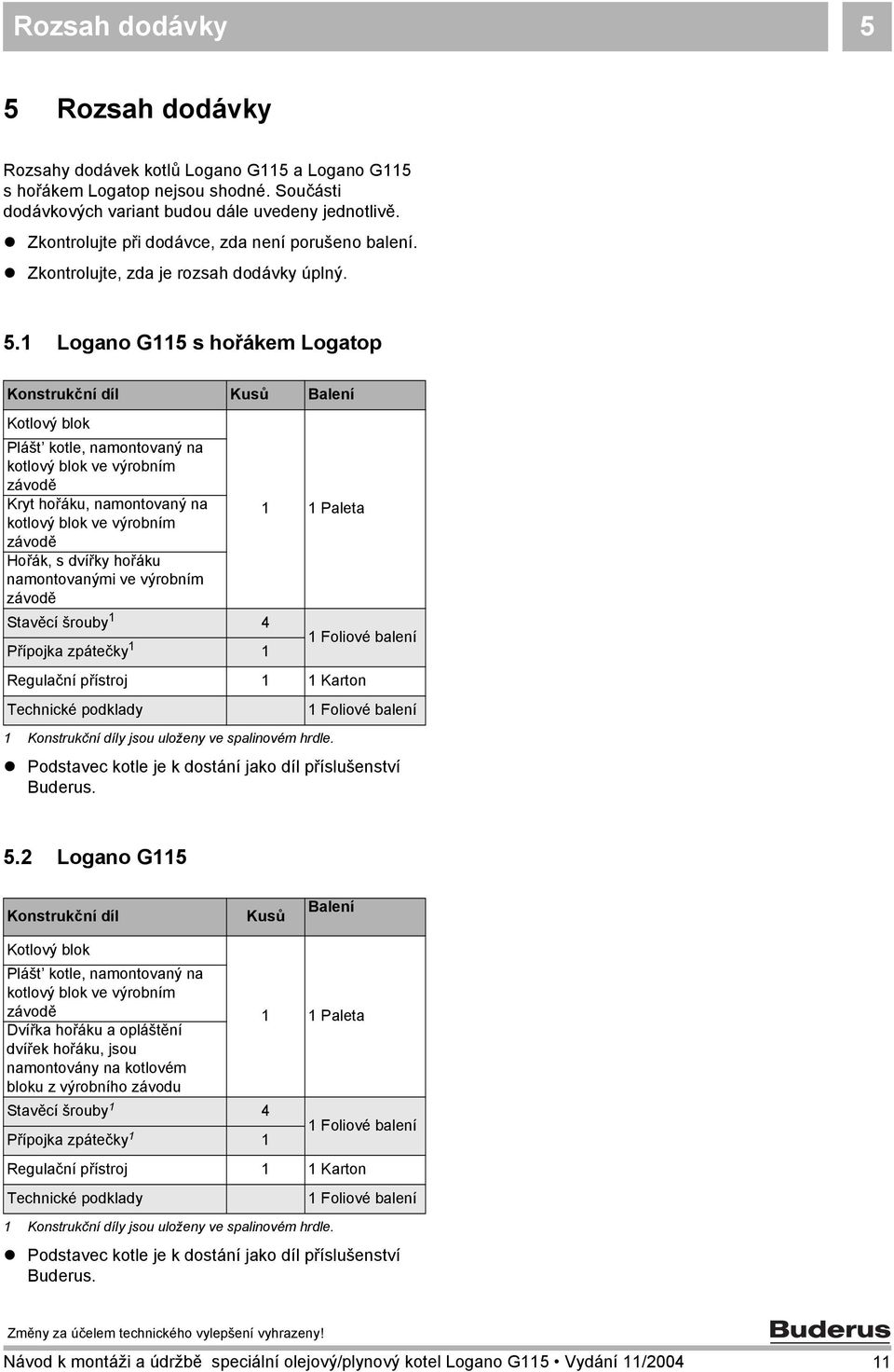 Logano G5 s hořákem Logatop Konstrukční díl Kusů Balení Kotlový blok Plášt kotle, namontovaný na kotlový blok ve výrobním závodě Kryt hořáku, namontovaný na kotlový blok ve výrobním závodě Hořák, s