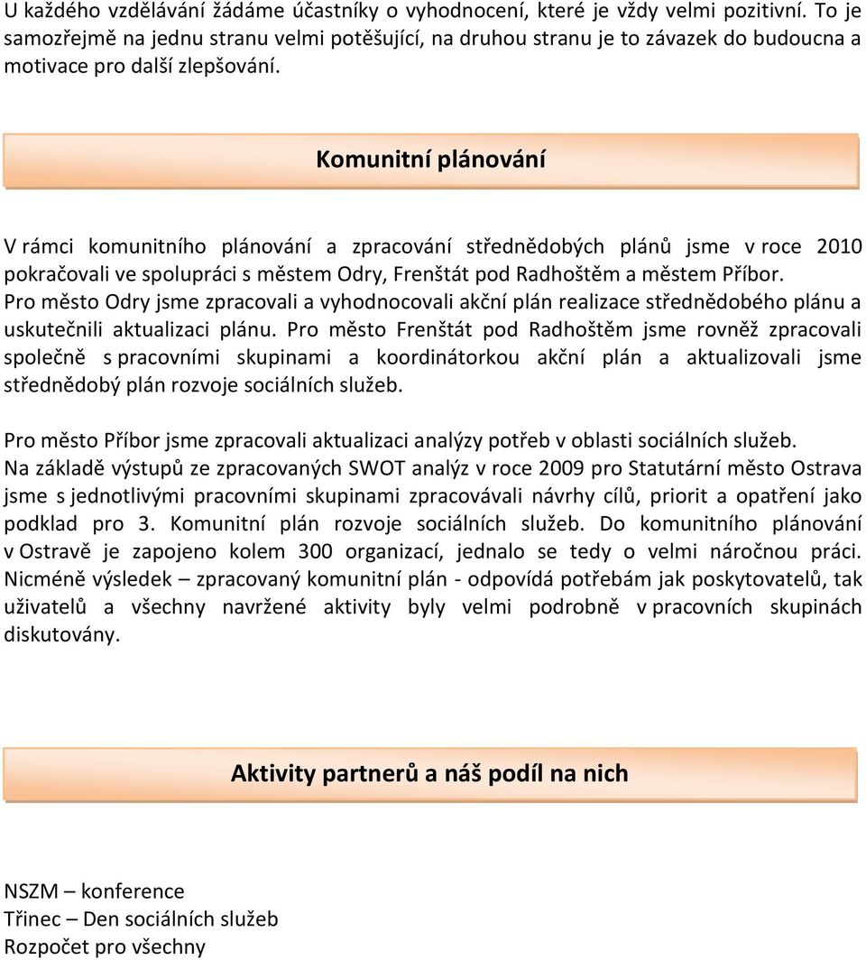 Komunitní plánování V rámci komunitního plánování a zpracování střednědobých plánů jsme v roce 2010 pokračovali ve spolupráci s městem Odry, Frenštát pod Radhoštěm a městem Příbor.