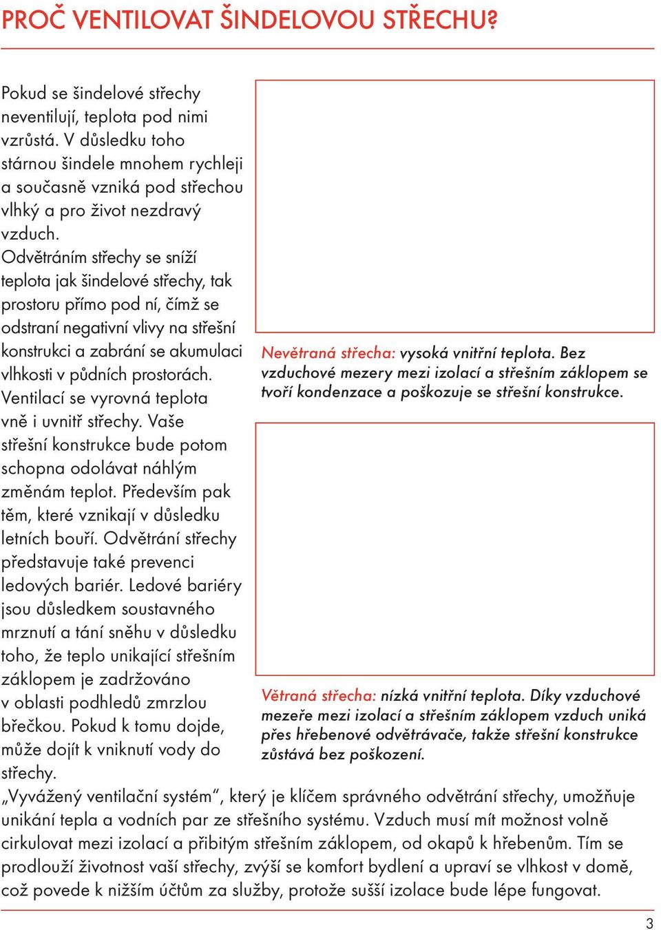 Odvětráním střechy se sníží teplota jak šindelové střechy, tak prostoru přímo pod ní, čímž se odstraní negativní vlivy na střešní konstrukci a zabrání se akumulaci vlhkosti v půdních prostorách.