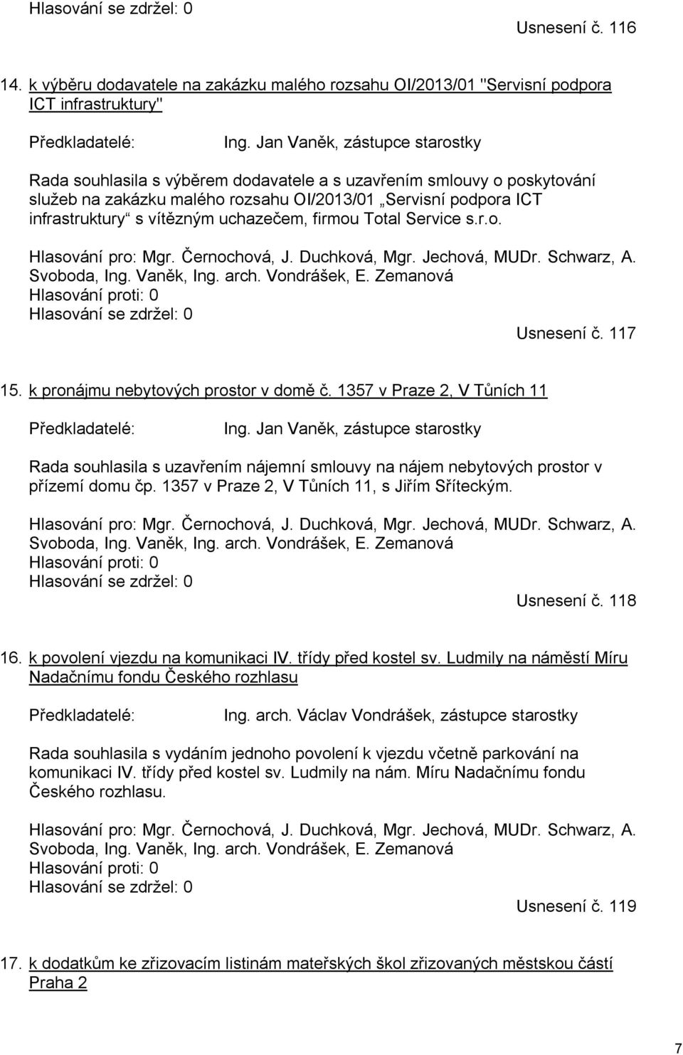 uchazečem, firmou Total Service s.r.o. Hlasování pro: Mgr. Černochová, J. Duchková, Mgr. Jechová, MUDr. Schwarz, A. Svoboda, Ing. Vaněk, Ing. arch. Vondrášek, E.