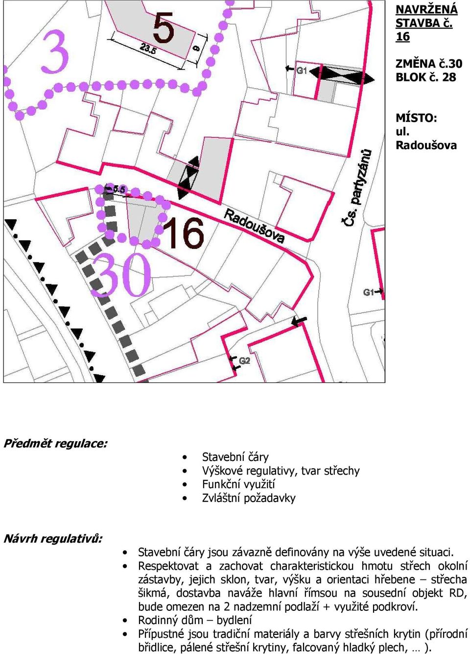 šikmá, dostavba naváže hlavní římsou na sousední objekt RD, bude omezen na 2 nadzemní podlaží + využité podkroví.