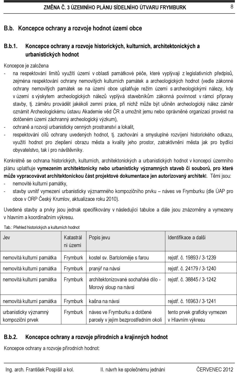 legislativních předpisů, zejména respektování ochrany nemovitých kulturních památek a archeologických hodnot (vedle zákonné ochrany nemovitých památek se na území obce uplatňuje režim území s