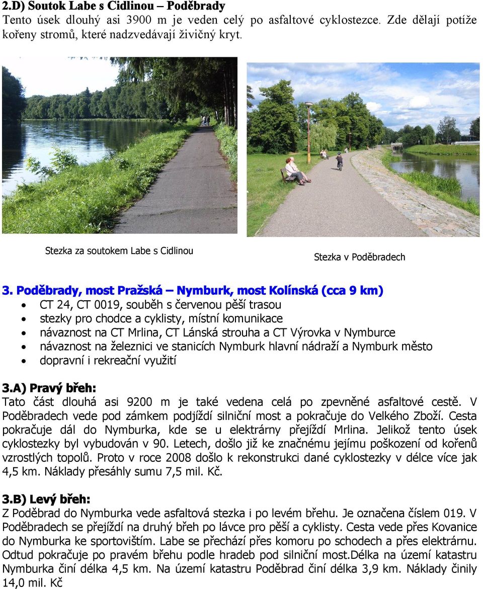 Poděbrady, most Pražská Nymburk, most Kolínská (cca 9 km) CT 24, CT 0019, souběh s červenou pěší trasou stezky pro chodce a cyklisty, místní komunikace návaznost na CT Mrlina, CT Lánská strouha a CT