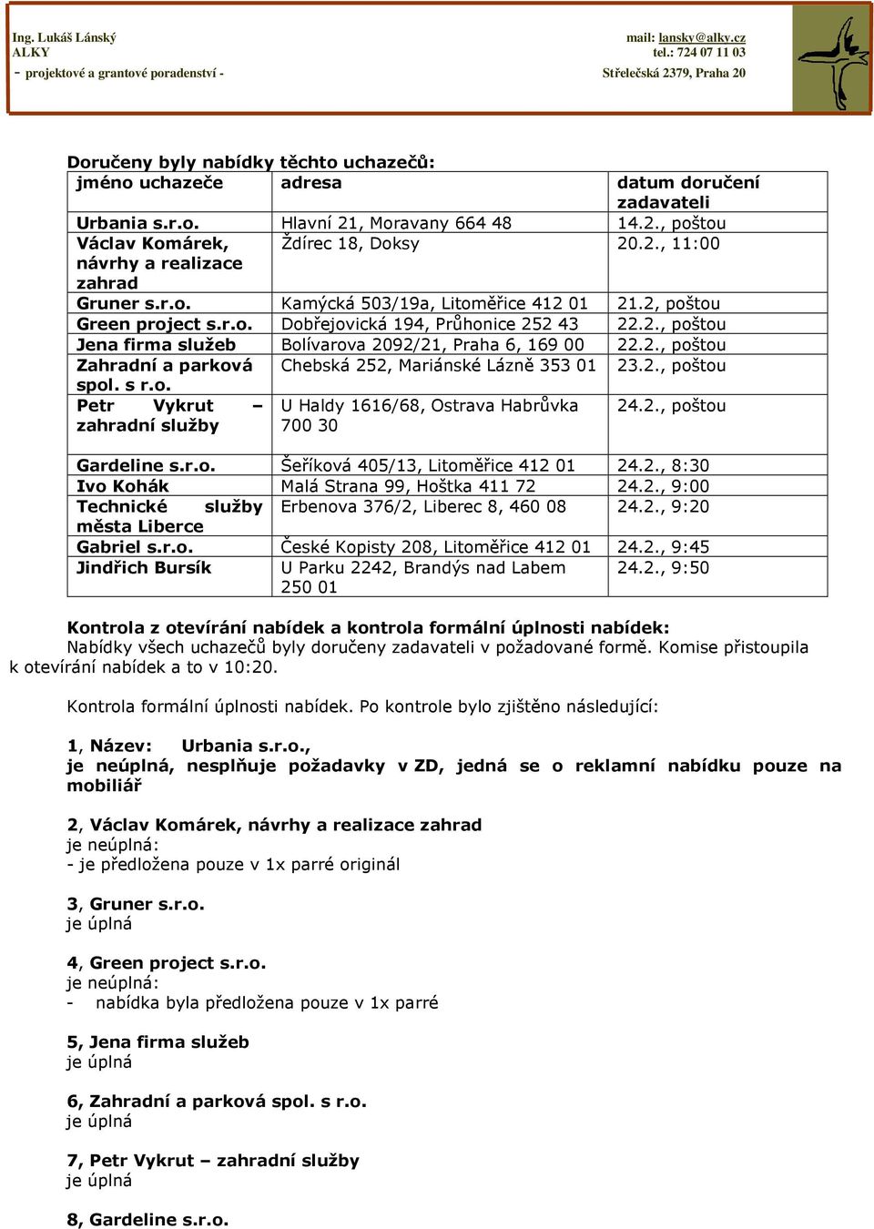 2., poštou spol. s r.o. Petr Vykrut zahradní služby U Haldy 1616/68, Ostrava Habrůvka 700 30 24.2., poštou Gardeline s.r.o. Šeříková 405/13, Litoměřice 412 01 24.2., 8:30 Ivo Kohák Malá Strana 99, Hoštka 411 72 24.