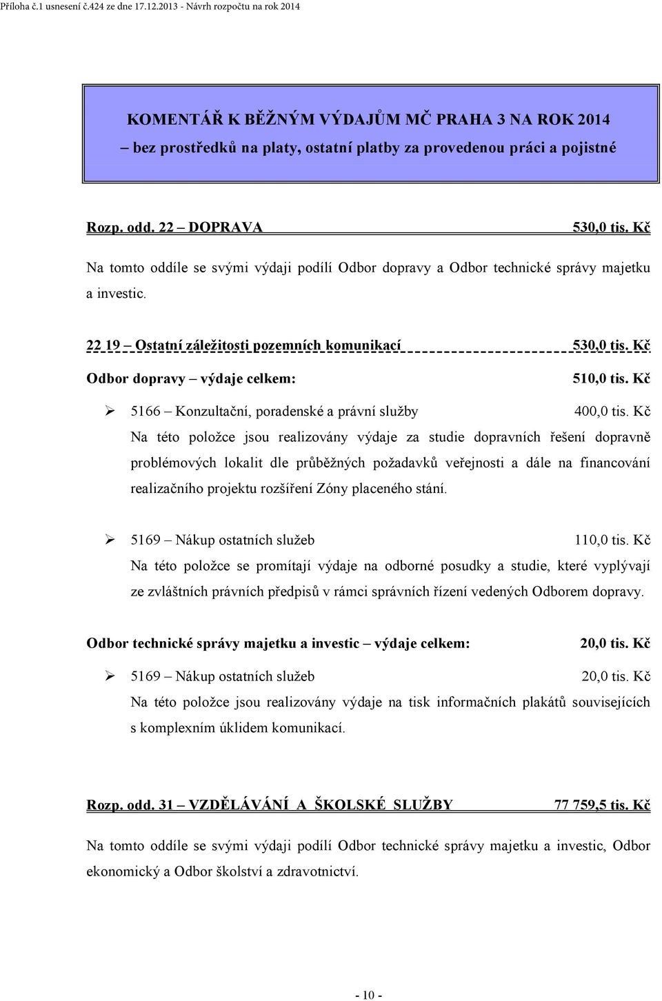 Kč Odbor dopravy výdaje celkem: 510,0 tis. Kč 5166 Konzultační, poradenské a právní služby 400,0 tis.