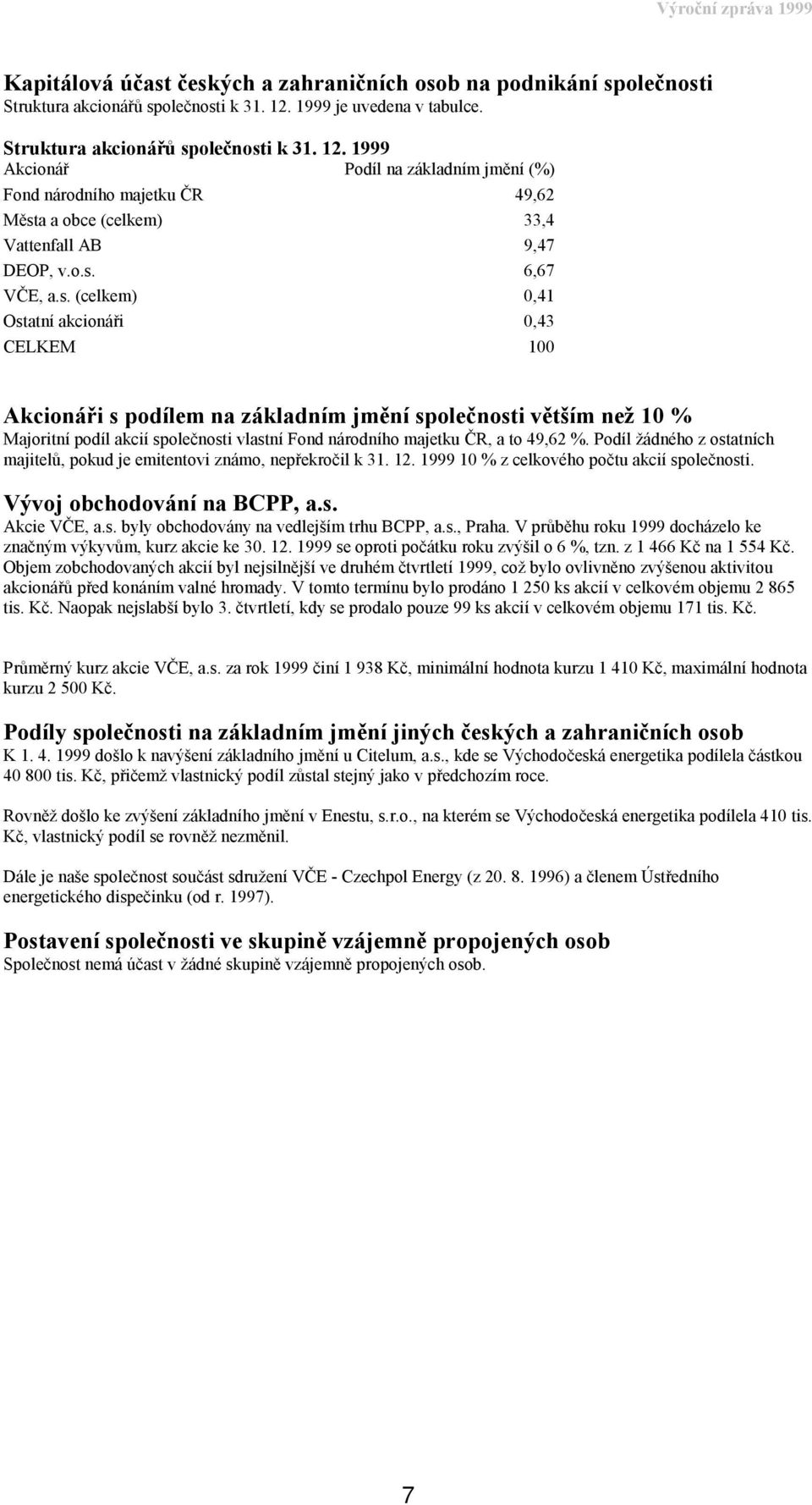 s. (celkem) 0,41 Ostatní akcionáři 0,43 CELKEM 100 Akcionáři s podílem na základním jmění společnosti větším než 10 % Majoritní podíl akcií společnosti vlastní Fond národního majetku ČR, a to 49,62 %.