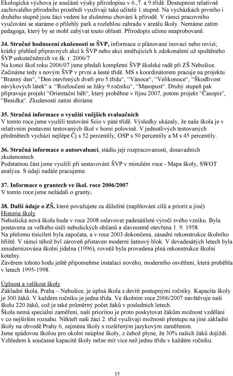 Nemáme zatím pedagoga, který by se mohl zabývat touto oblastí. Přírodopis učíme neaprobovaně. 34.