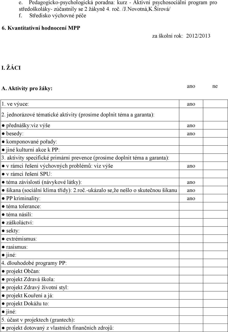 jednorázové tématické aktivity (prosíme doplnit téma a garanta): přednášky:viz výše besedy: komponované pořady: jiné kulturní akce k PP: 3.