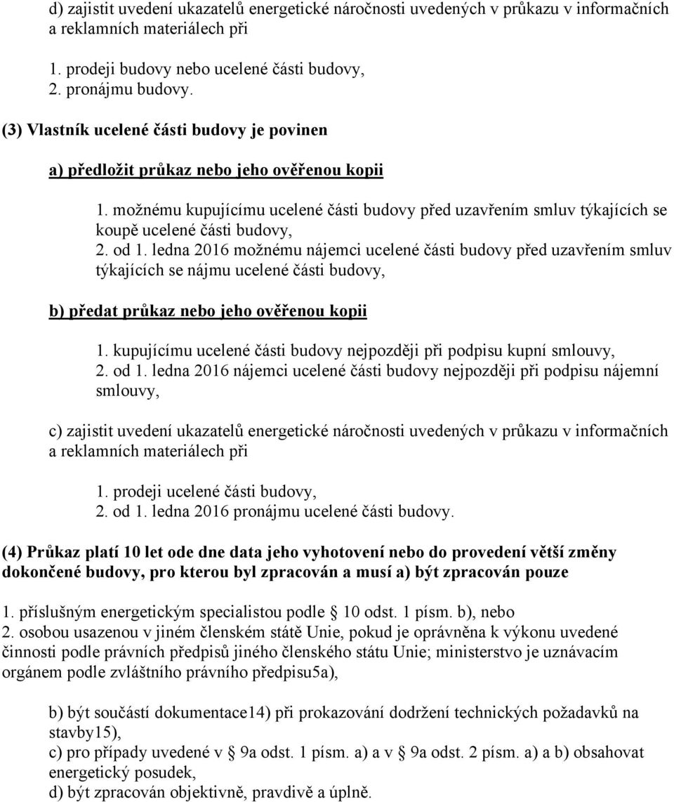 od 1. ledna 2016 možnému nájemci ucelené části budovy před uzavřením smluv týkajících se nájmu ucelené části budovy, b) předat průkaz nebo jeho ověřenou kopii 1.