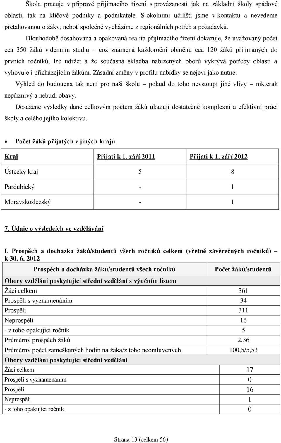 Dlouhodobě dosahovaná a opakovaná realita přijímacího řízení dokazuje, že uvažovaný počet cca 350 žáků v denním studiu což znamená každoroční obměnu cca 120 žáků přijímaných do prvních ročníků, lze