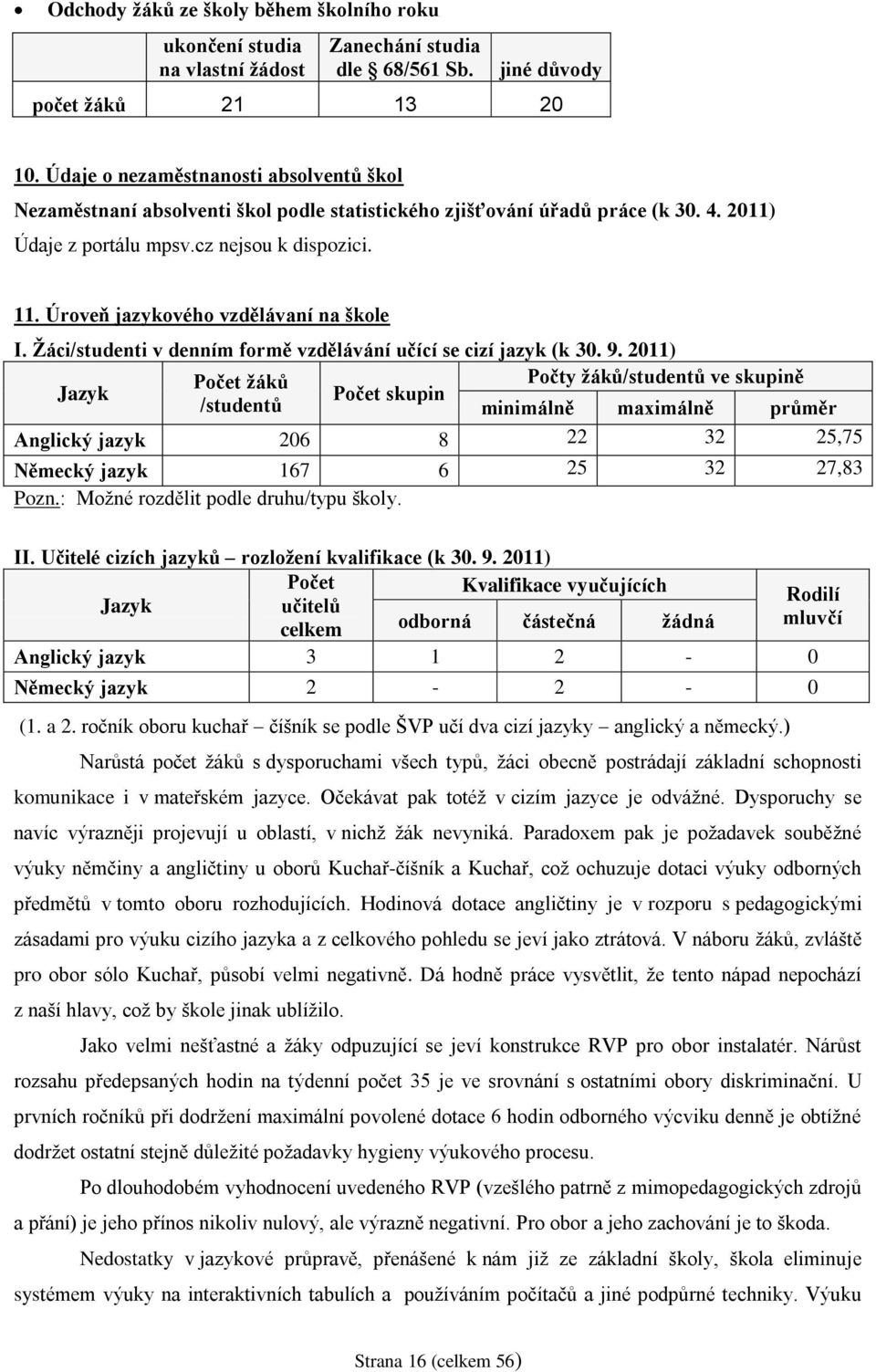 Úroveň jazykového vzdělávaní na škole I. Žáci/studenti v denním formě vzdělávání učící se cizí jazyk (k 30. 9.