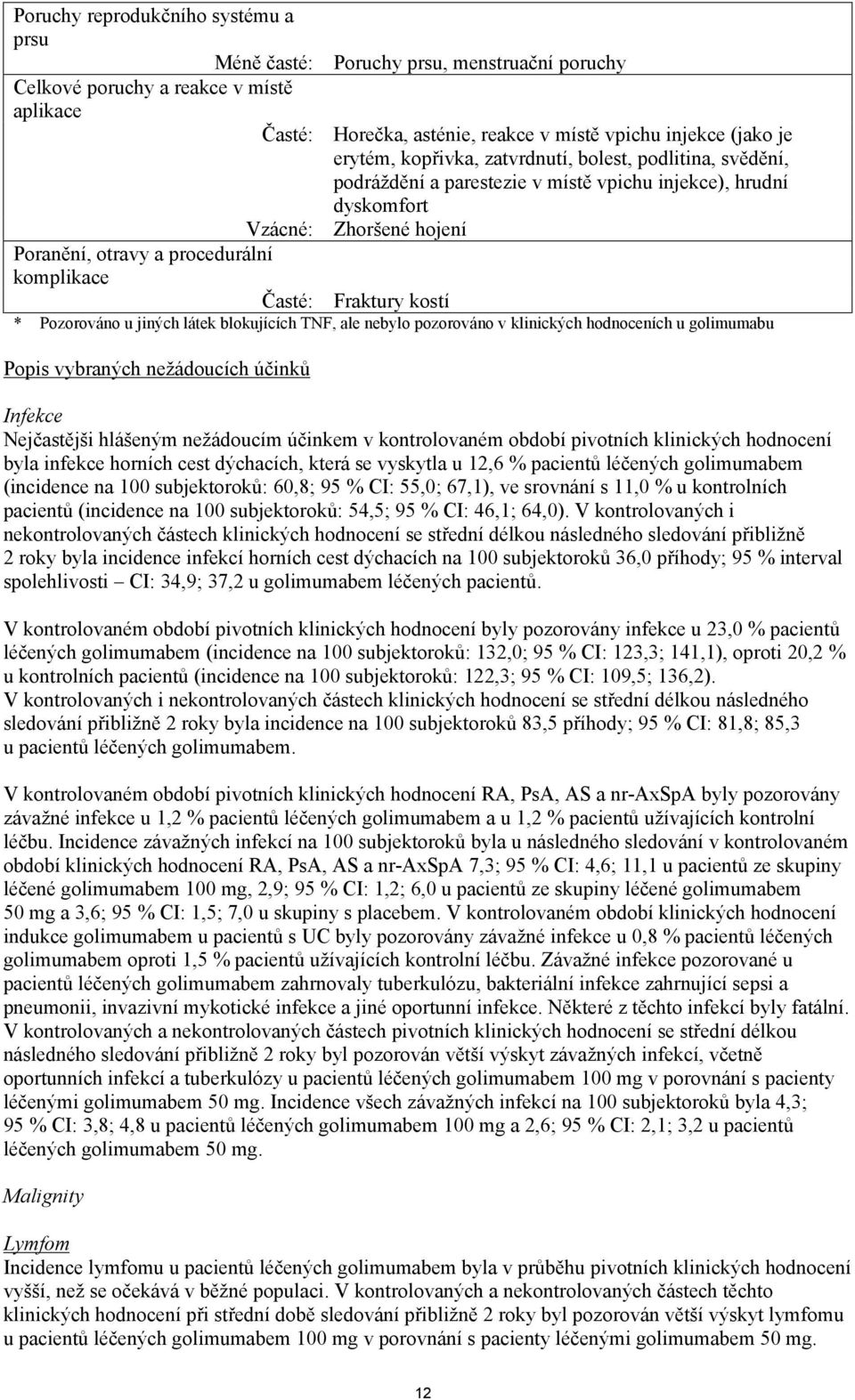 kostí * Pozorováno u jiných látek blokujících TNF, ale nebylo pozorováno v klinických hodnoceních u golimumabu Popis vybraných nežádoucích účinků Infekce Nejčastějši hlášeným nežádoucím účinkem v