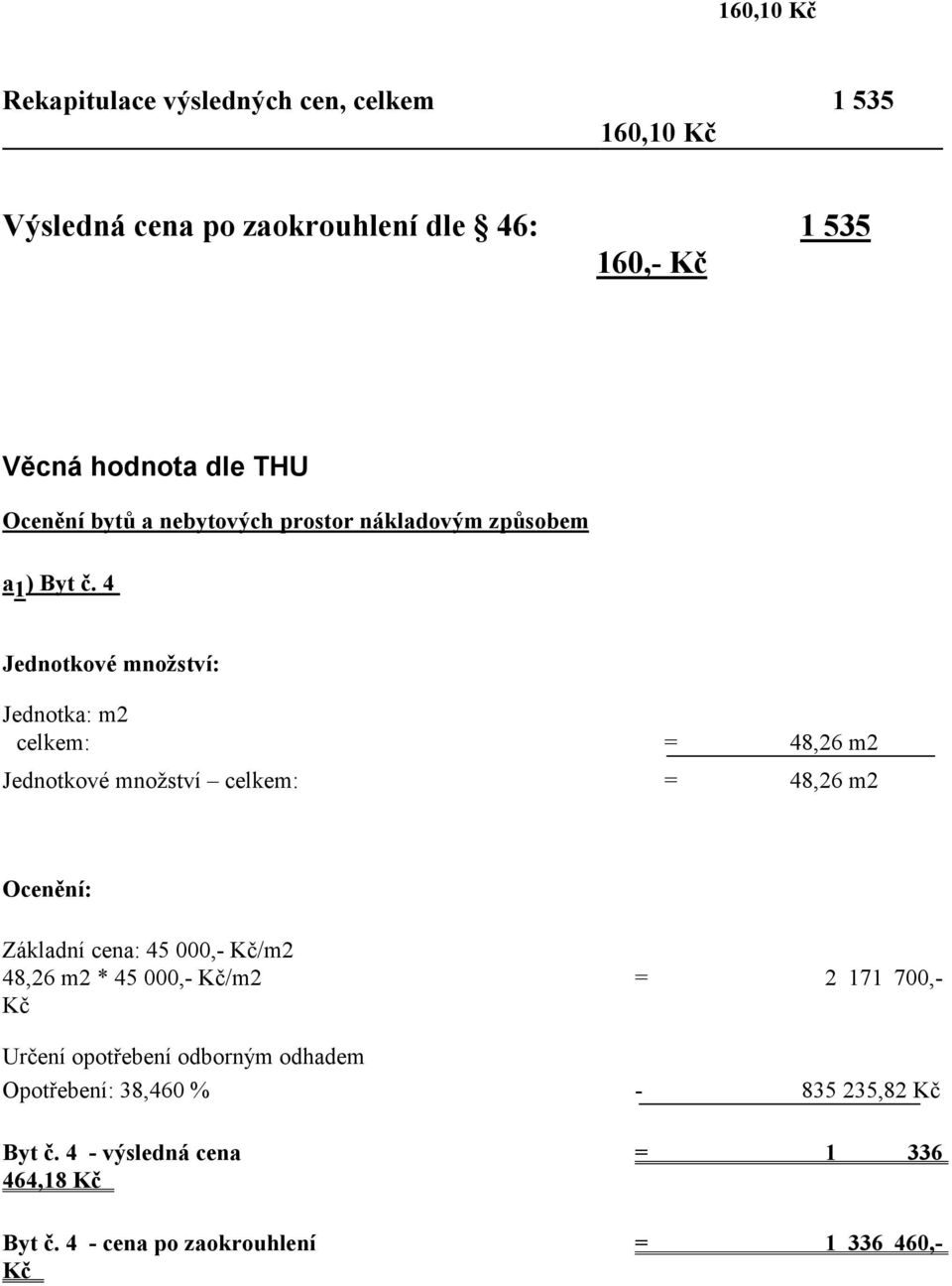 4 Jednotkové množství: Jednotka: m2 celkem: = 48,26 m2 Jednotkové množství celkem: = 48,26 m2 Ocenění: Základní cena: 45 000,-