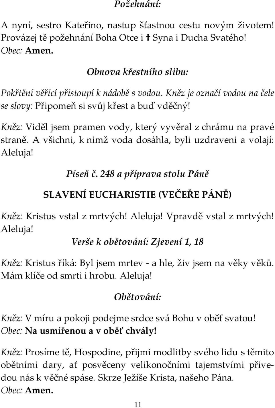 Kněz: Viděl jsem pramen vody, který vyvěral z chrámu na pravé straně. A všichni, k nimž voda dosáhla, byli uzdraveni a volají: Aleluja! Píseň č.