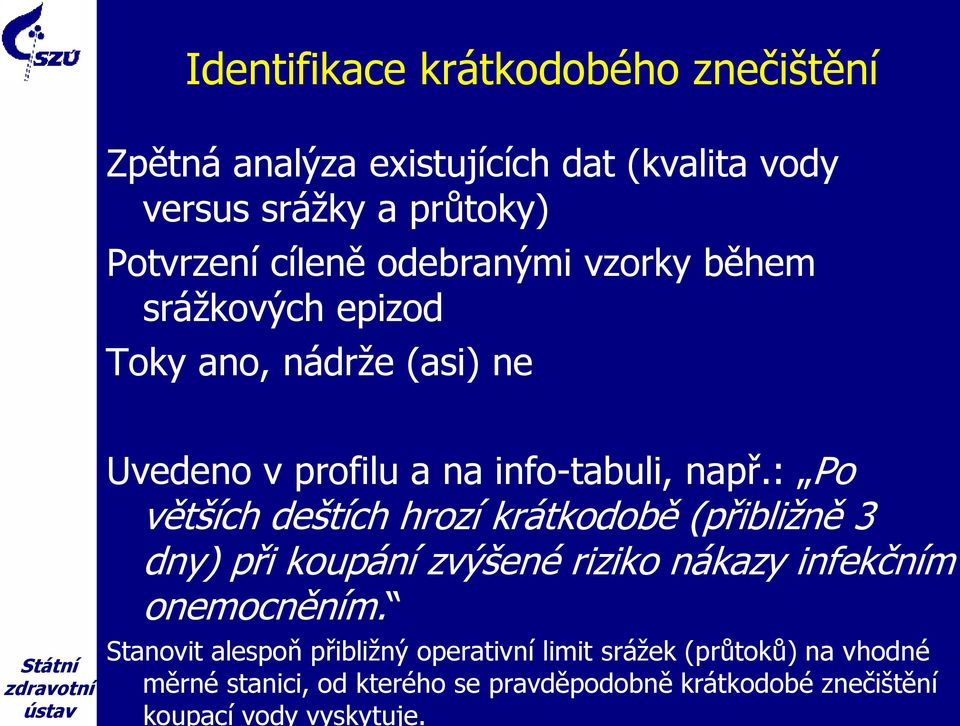 : Po větších deštích hrozí krátkodobě (přibližně 3 dny) při koupání zvýšené riziko nákazy infekčním onemocněním.