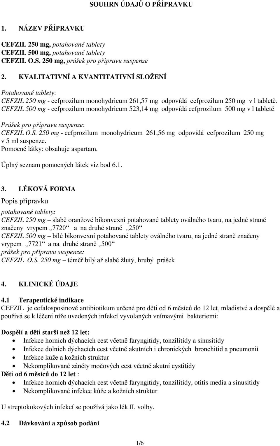 CEFZIL 500 mg - cefprozilum monohydricum 523,14 mg odpovídá cefprozilum 500 mg v l tabletě. Prášek pro přípravu suspenze: CEFZIL O.S.