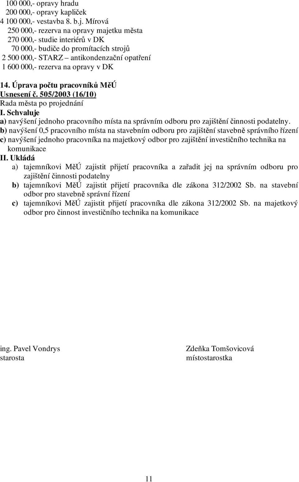 Úprava počtu pracovníků MěÚ Usnesení č. 505/2003 (16/10) I. Schvaluje a) navýšení jednoho pracovního místa na správním odboru pro zajištění činnosti podatelny.