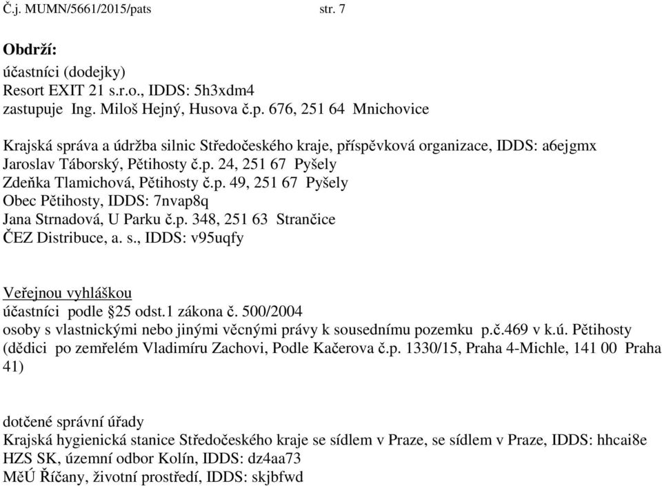 , IDDS: v95uqfy Veřejnou vyhláškou účastníci podle 25 odst.1 zákona č. 500/2004 osoby s vlastnickými nebo jinými věcnými právy k sousednímu pozemku p.č.469 v k.ú. Pětihosty (dědici po zemřelém Vladimíru Zachovi, Podle Kačerova č.