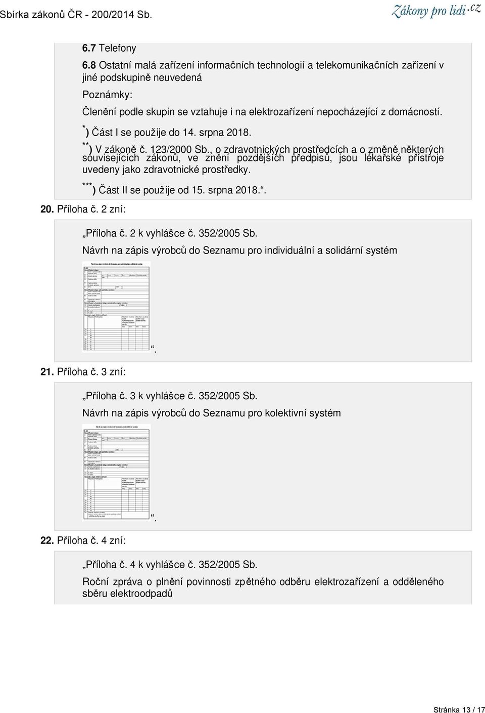 * ) Část I se použije do 14. srpna 2018. ** ) V zákoně č. 123/2000 Sb.