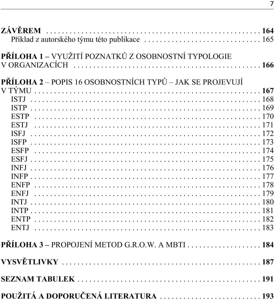 ..166 PØÍLOHA 2 POPIS 16OSOBNOSTNÍCH TYPÙ JAK SE PROJEVUJÍ V TÝMU...167 ISTJ...168 ISTP...169 ESTP...170 ESTJ...171 ISFJ.