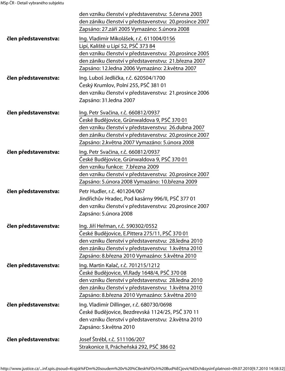 prosince 2006 Zapsáno: 31.ledna 2007 člen Ing. Petr Svačina, r.č. 660812/0937 České Budějovice, Grünwaldova 9, PSČ 370 01 den vzniku členství v představenstvu: 26.