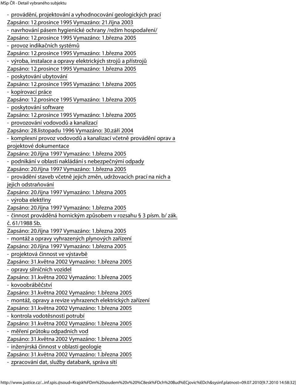 práce - poskytování software - provozování vodovodů a kanalizací Zapsáno: 28.listopadu 1996 Vymazáno: 30.