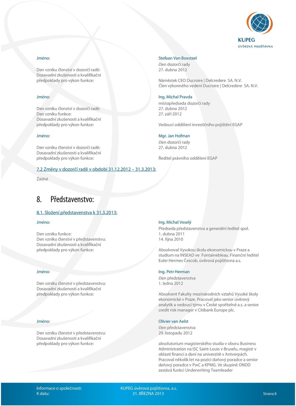 září 2012 Dosavadní zušenosti a valifiační předpolady pro výon funce: Vedoucí oddělení investičního pojištění EGAP Mgr. Jan Hofman člen dozorčí rady Den vzniu členství v dozorčí radě: 27.