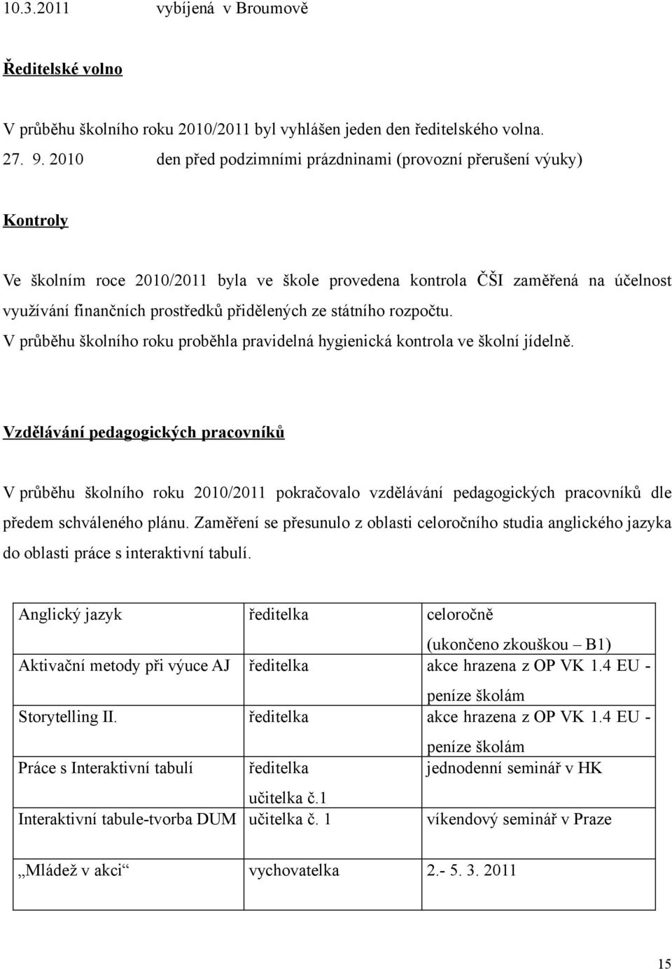 přidělených ze státního rozpočtu. V průběhu školního roku proběhla pravidelná hygienická kontrola ve školní jídelně.