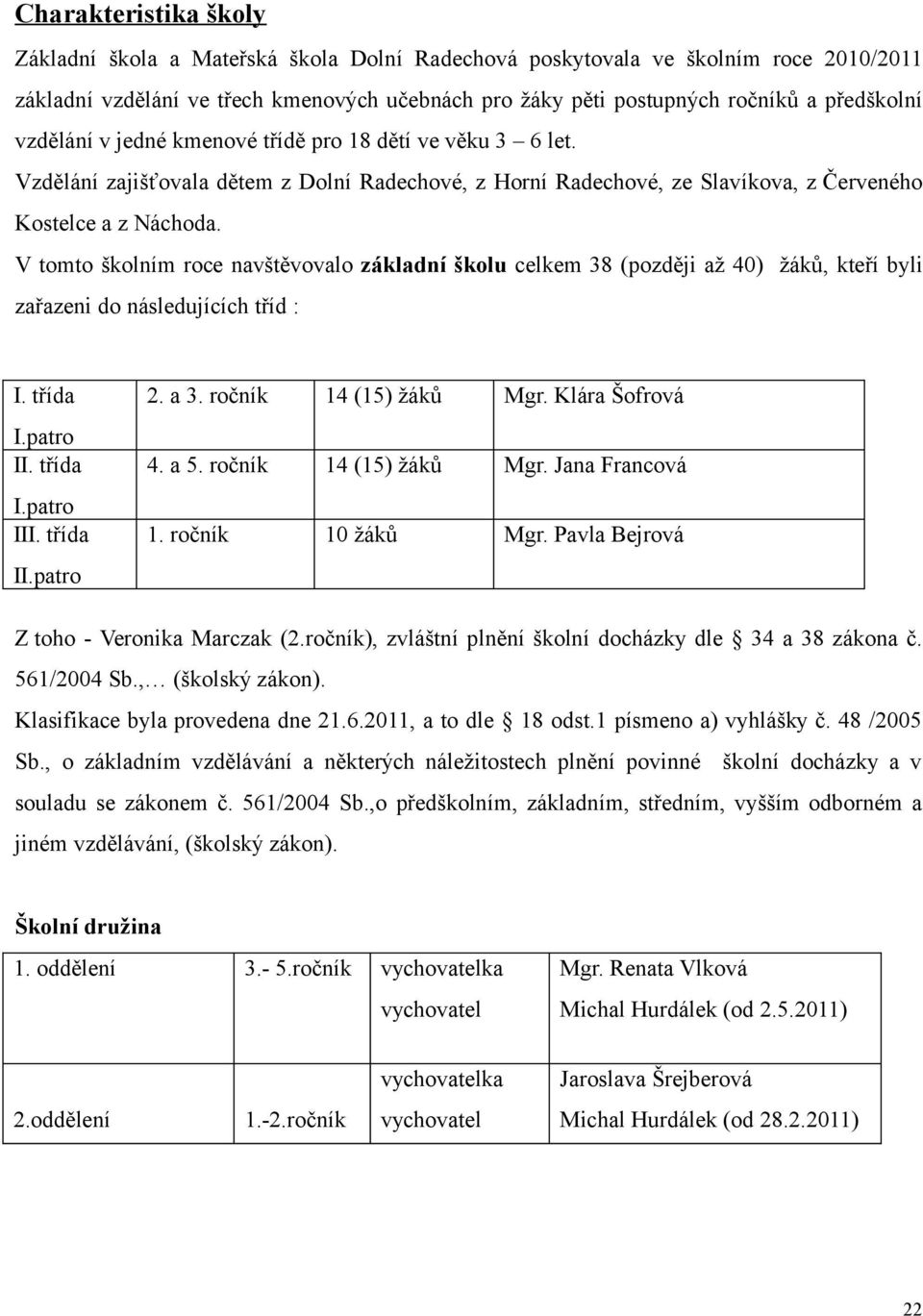 V tomto školním roce navštěvovalo základní školu celkem 38 (později až 40) žáků, kteří byli zařazeni do následujících tříd : I. třída I.patro II. třída I.patro III. třída II.patro 2. a 3.