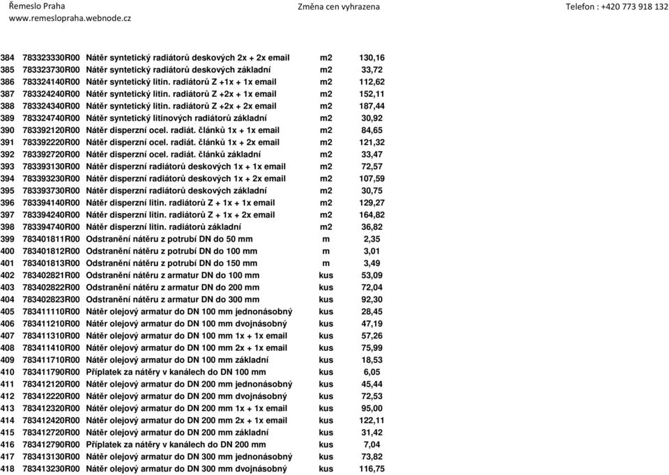 radiátorů Z +2x + 2x email m2 187,44 389 783324740R00 Nátěr syntetický litinových radiátorů základní m2 30,92 390 783392120R00 Nátěr disperzní ocel. radiát. článků 1x + 1x email m2 84,65 391 783392220R00 Nátěr disperzní ocel.