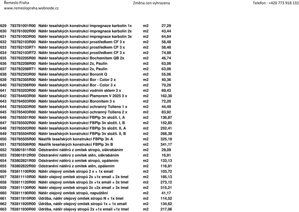 Nátěr tesařských konstrukcí prostředkem CF 3 x m2 74,98 635 783782205R00 Nátěr tesařských konstrukcí Bochemitem QB 2x m2 46,74 636 783782208R00 Nátěr tesařských konstrukcí 2x, Paulín m2 63,06 637