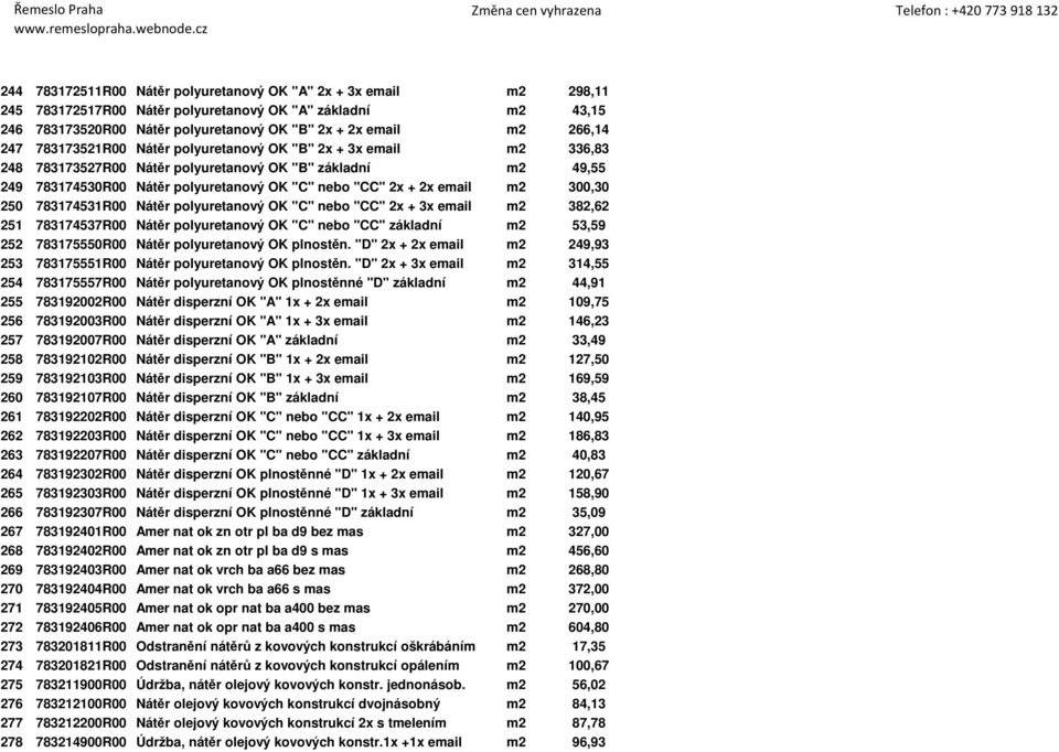 m2 300,30 250 783174531R00 Nátěr polyuretanový OK "C" nebo "CC" 2x + 3x email m2 382,62 251 783174537R00 Nátěr polyuretanový OK "C" nebo "CC" základní m2 53,59 252 783175550R00 Nátěr polyuretanový OK