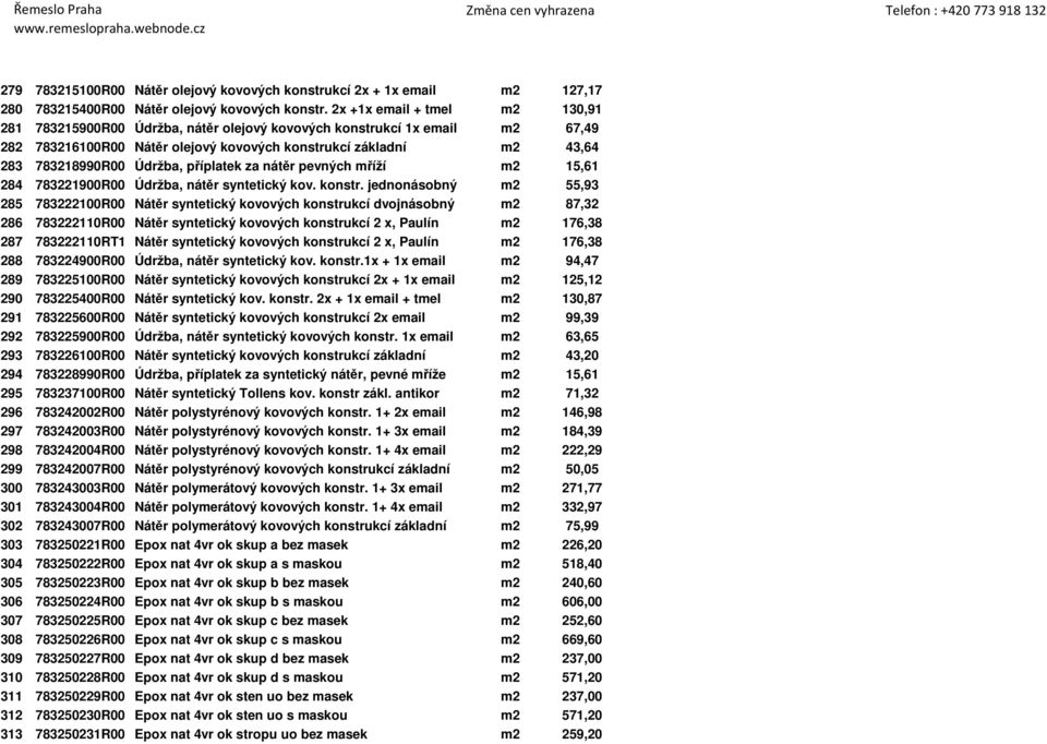 Údržba, příplatek za nátěr pevných mříží m2 15,61 284 783221900R00 Údržba, nátěr syntetický kov. konstr.